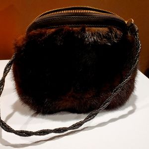 Mink fur clutch with leather braided strap vintage